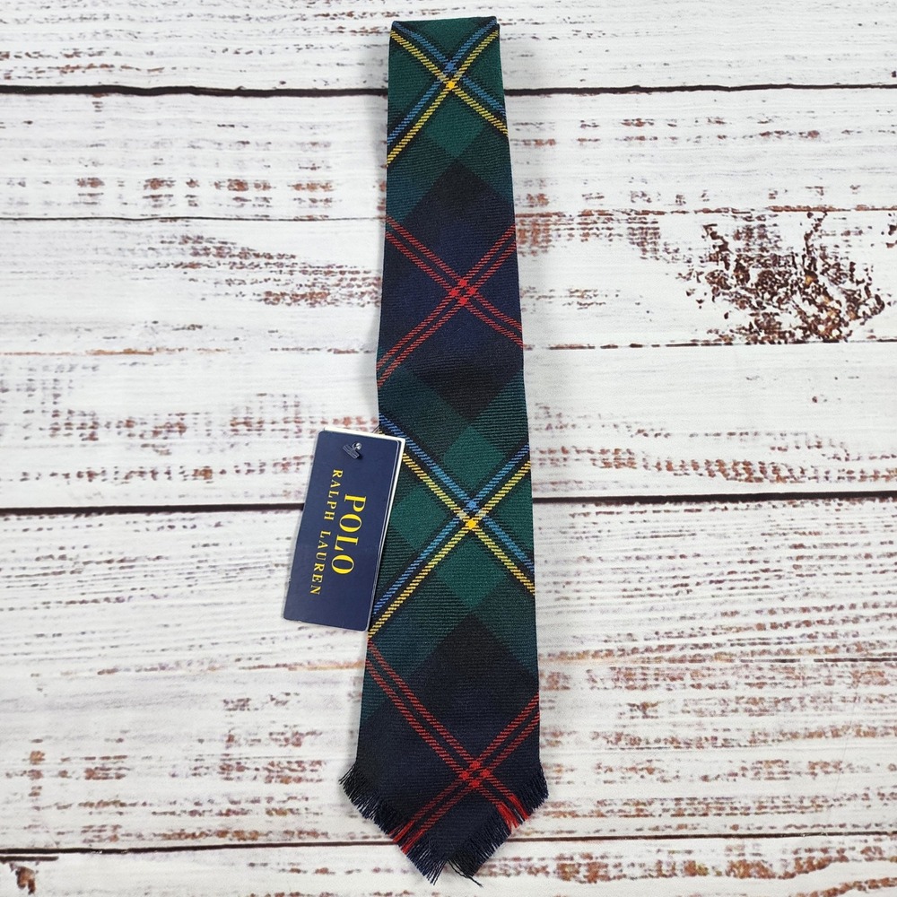 Polo Ralph Lauren Heritage Fringed Tartan Wool Tie Mens OS Green Navy Plaid NWT
